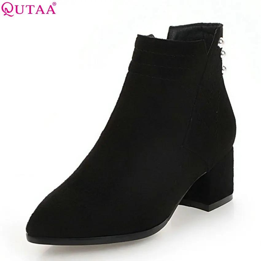 

QUTAA 2019 Women Ankle Boots Zipper Nubuck Pointed Toe Square High Heel High Quality Winter Shoes Women Boots Size 34-43