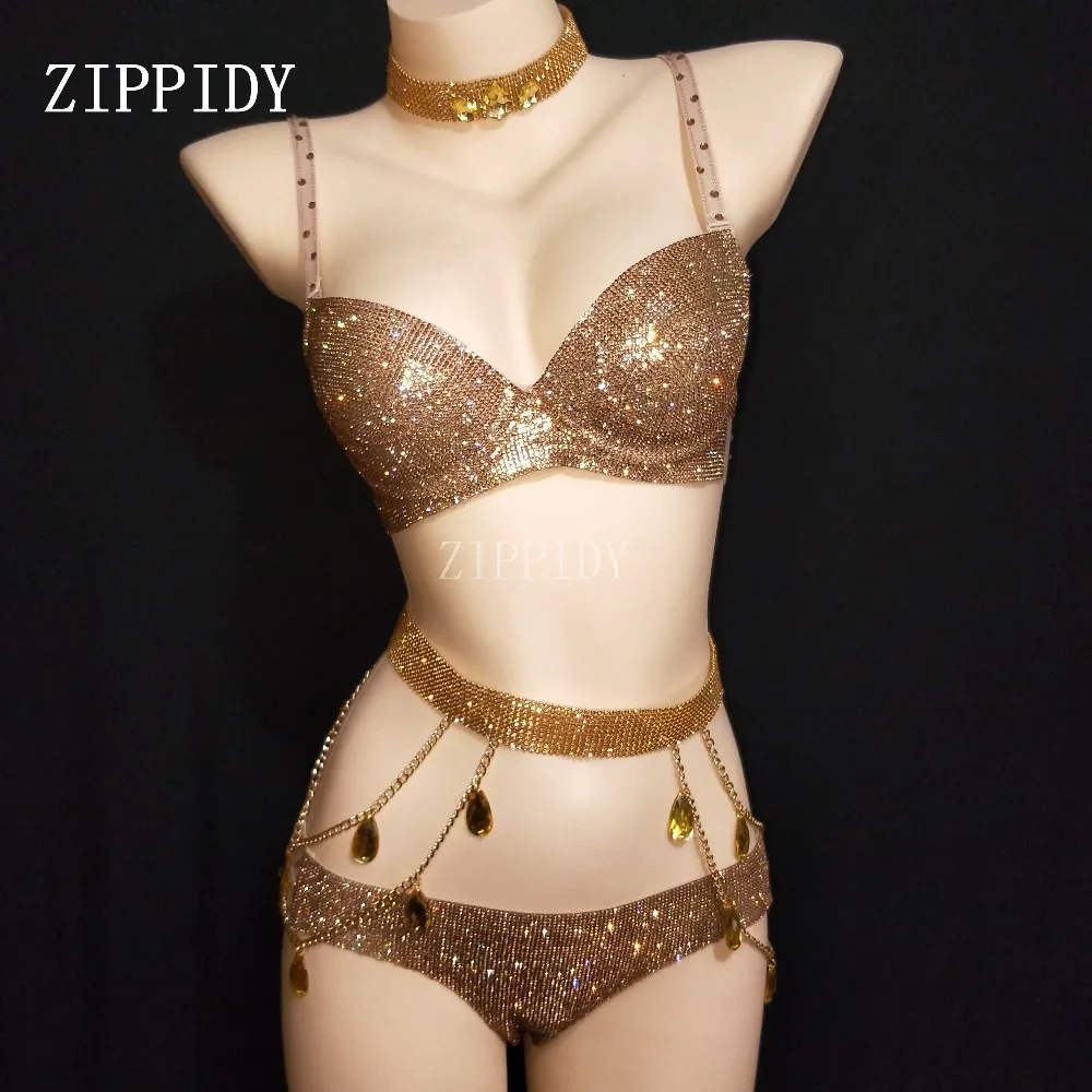 

Gold Flashing Full Rhinestones Bra Short Women's Birthday Celebrate Prom Show Bikini Set Nightclub Women Singer Outfit Set