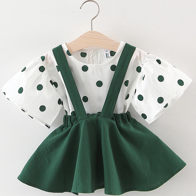 

Baby Girl Suit 2019 Children's Clothing Summer Children's Solid Color Dot Short-sleeved Shirt + Suspender Skirt Girls Clothing