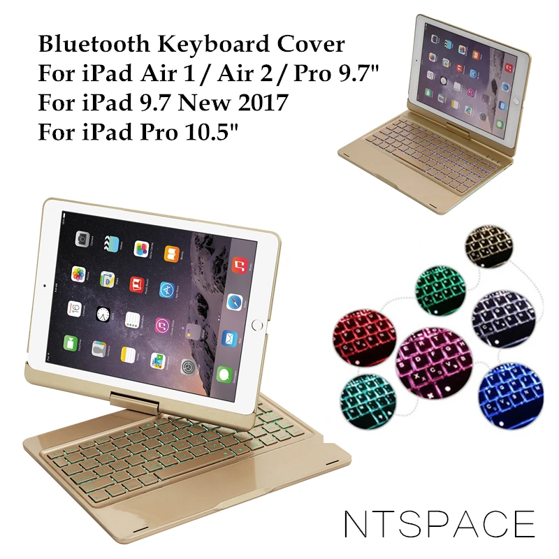 Алюминиевый Чехол NTSPACE для iPad 5 / 6 Air 2 с подсветкой беспроводная клавиатура синими