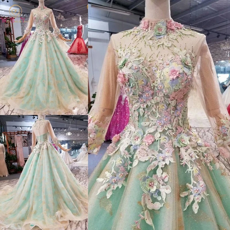 

Flower Fairy Prom Dresses Lace Appliques Champagne Green Contrast Colorful Long Sleeve Ball Gown High Neck Train Real Pictures