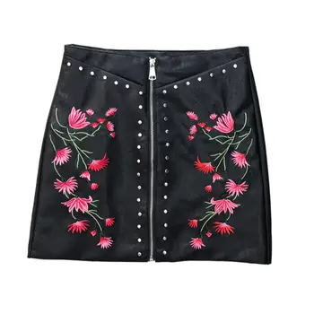 

Fashion new pu embroidered rivet skirt a-line women skirt