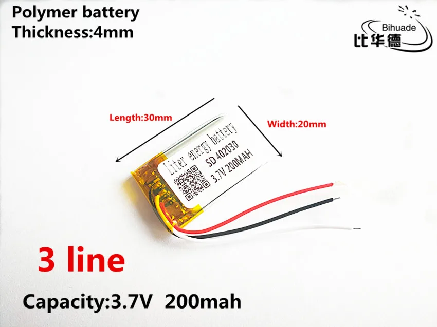 3 линии хорошего качества 3,7 V, 200 mAH, 402030 полимерный литий-ионный/литий-ионная аккумуляторная батарея для игрушка, портативное зарядное устройство, gps, mp3, mp4