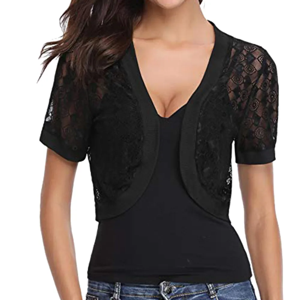 

summer tops for women 2018 Women's Casual Solid Short Sleeve Floral Lace Shrug Open Front Bolero Cardigan t shirt women