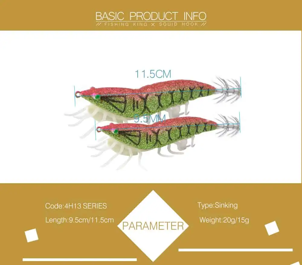 Description Picture 3 of itemFTK 15g 20g Luminous Squid Jig Sea Fishing Lure Wood Shrimp 3D Eyes Squid Hook Hard Artificial Baits Soft Feet Fishing
