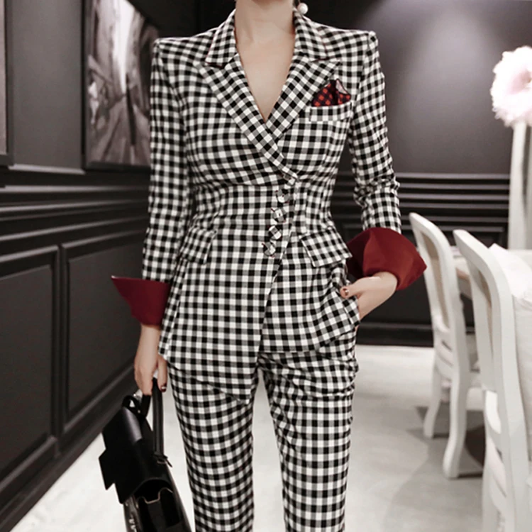 

Spring Fall Plaid Women Suits New Elegant Work Style Blazer Suits Vogue Formal Businnes Irregular Jacket and Pants 2 Piece Set