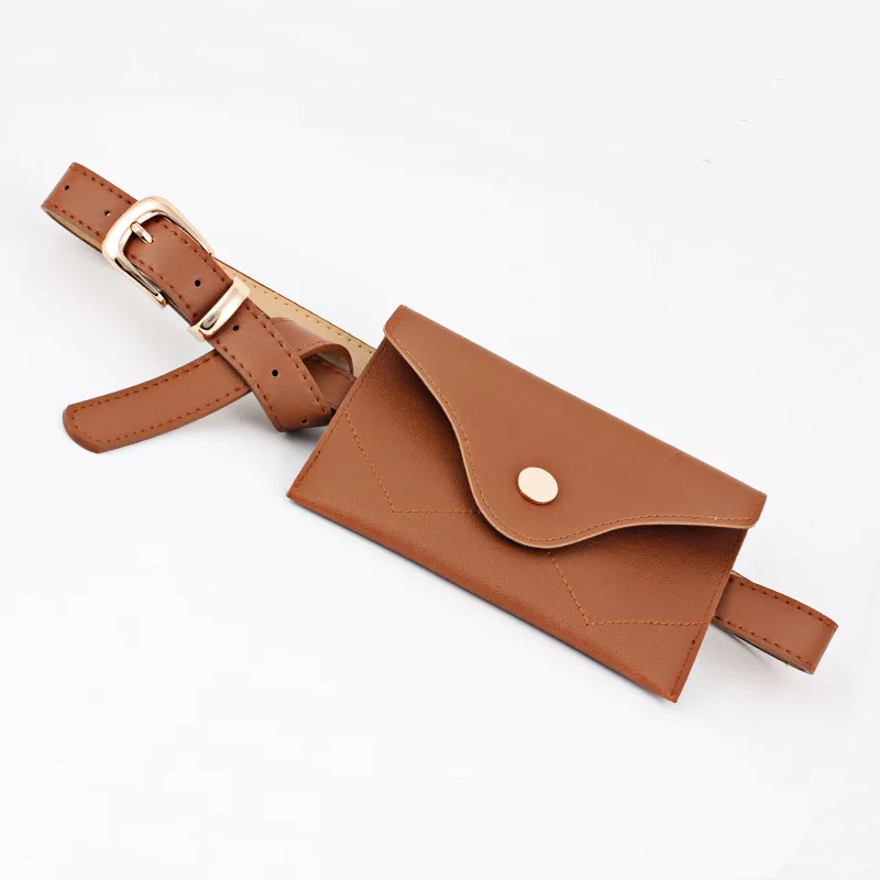 Fashion Women Fanny Pack Simple Vintage Mini Adjustable Phone Purse Key card Envelope bag high quality PU Leather Waist Bag - Цвет: Brown Gold buckle