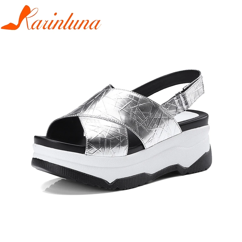 

KARINLUNA Cow Genuine Leather Cross Buckle Strap Hook Loop Platform Wedges High Heels Shoes Woman Summer Solid Date Sandals