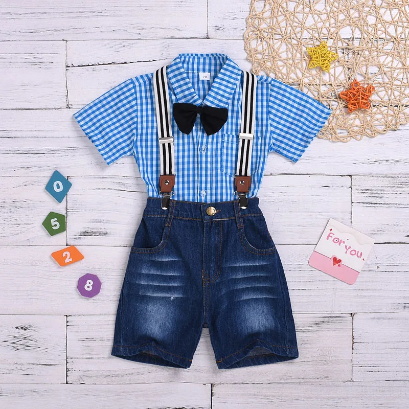 

Summer Children Baby Boys Casual Short Sleeve Plaid Print Shirt Tops With Bowknot+Strap Shorts Costume Set