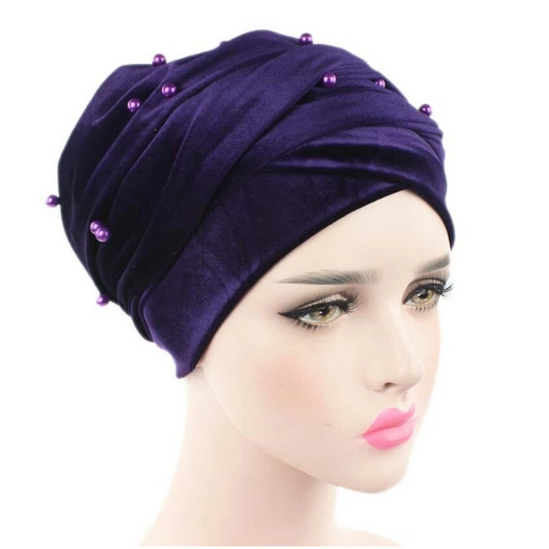 Luxury Women Pearled Beaded Hijab Head Scarf Velvet Long Head Wrap Turban