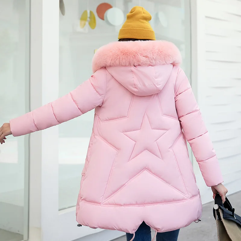 

2017 New Fashion Winter Parkas Slim Down Jacket Stars Hooded Coat Long Cotton Padded Fur Collar Parkas Women Outwear Plus Size