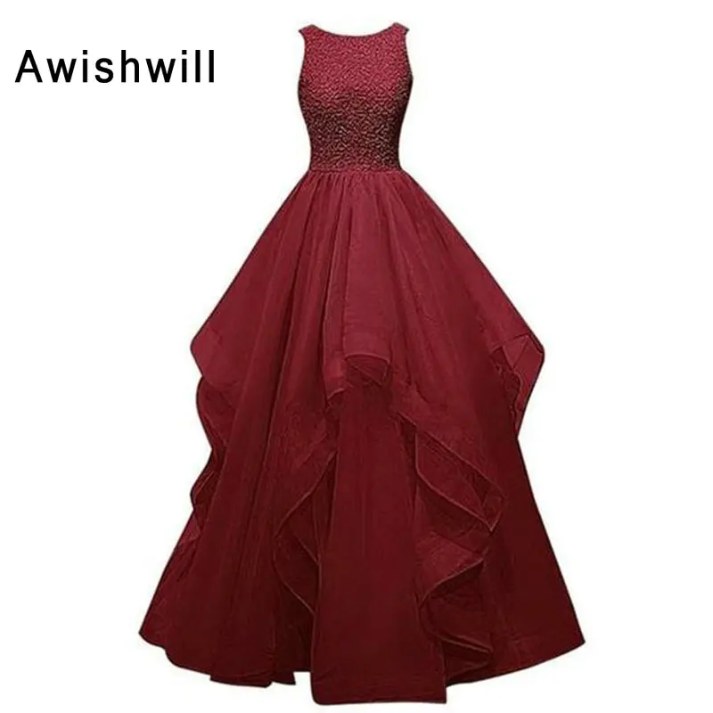 

Sexy Backless Burgundy Prom Dresses A-Line Beadings Lace Organza 2019 Elegant Vestido de Festa Long Evening Party Dress