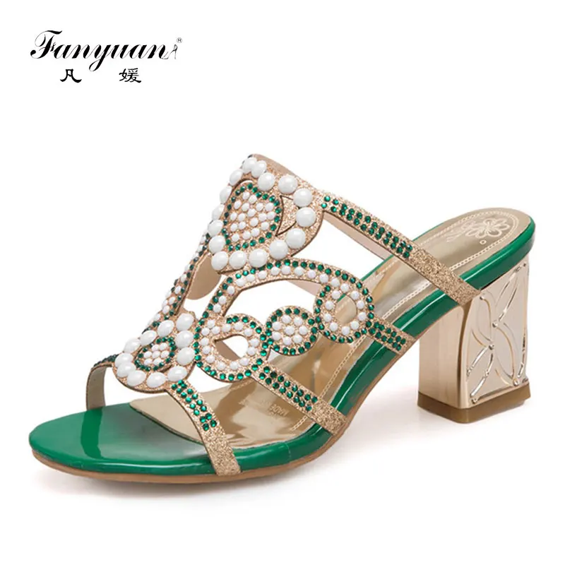 

fanyuan 2019 hot sale new arrive women sandals big size 33-44 shallow elegant Pearl summer shoes comfortable square heel shoes
