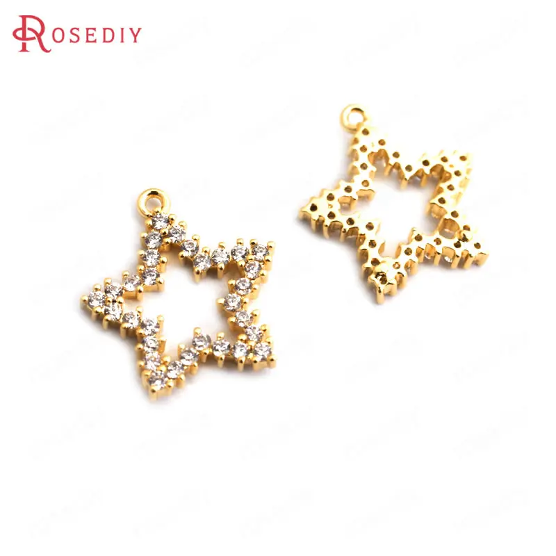 

(34922)4PCS 15x13.5MM 24K Gold Color Brass with White Zircon Star Charms Pendants High Quality Diy Accessories Jewelry Findings