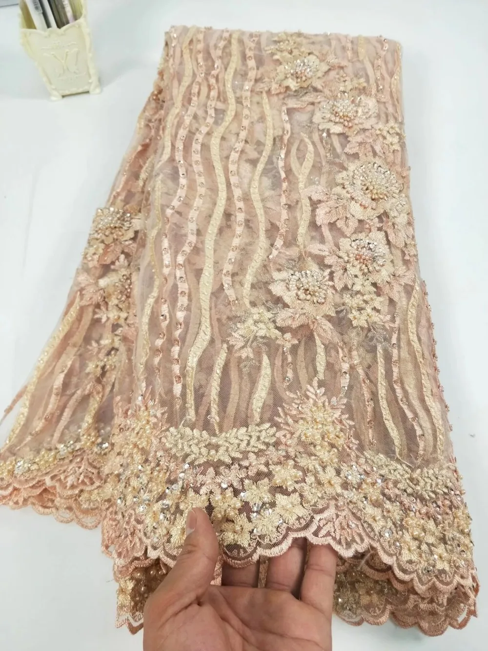 

Beautiful Luxury Popular Fabric African Handmade Beads Lace Fabric High Quality Nigrian French Wedding Lace Fabric