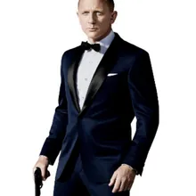Custom Made Slim Fit Темно-Синий Смокинг Вдохновленный Костюм Носить в Джеймса Бонда Свадьба Blazer Для Мужчин Жених Одежда Брюки Лук черный