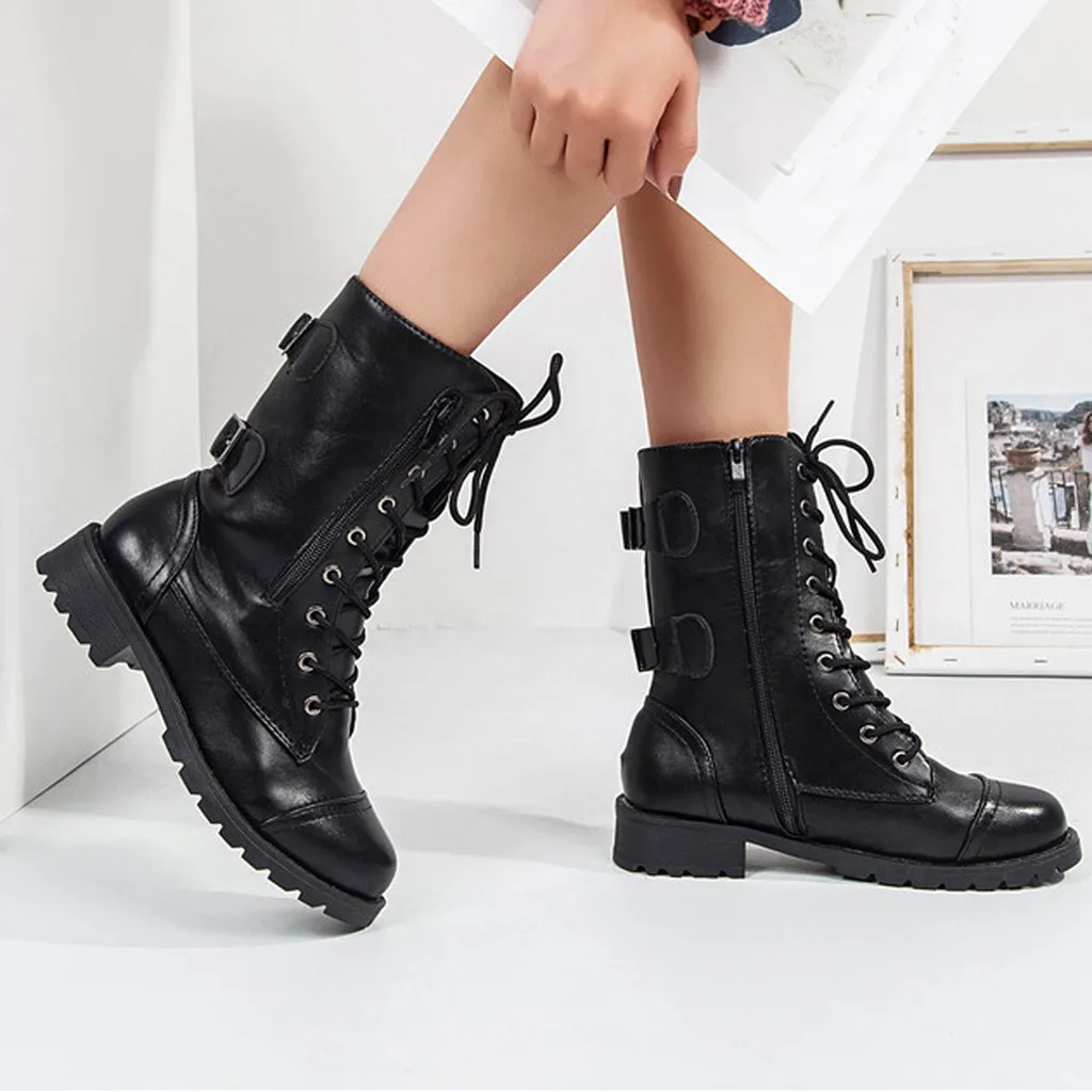 

YOUYEDIAN Boots Women 2018 Autumn Lace Up Leather Boots Low Heel Fashion Casual Female Shoes Women Boots Botas Mujer