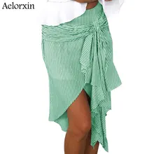 Aelorxin юбки женские летние полосатые ремни галстук-бабочка ассиметричный, с высокой талией Миди юбка куртка Faldas Плюс Размер S M L XL Vestidos