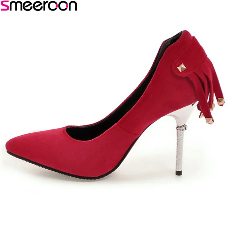 

Smeeroon 2018 new style Size 32-48 fashion 10cm high heels thin heels pointed toe pumps slip on shallow dress women shoes