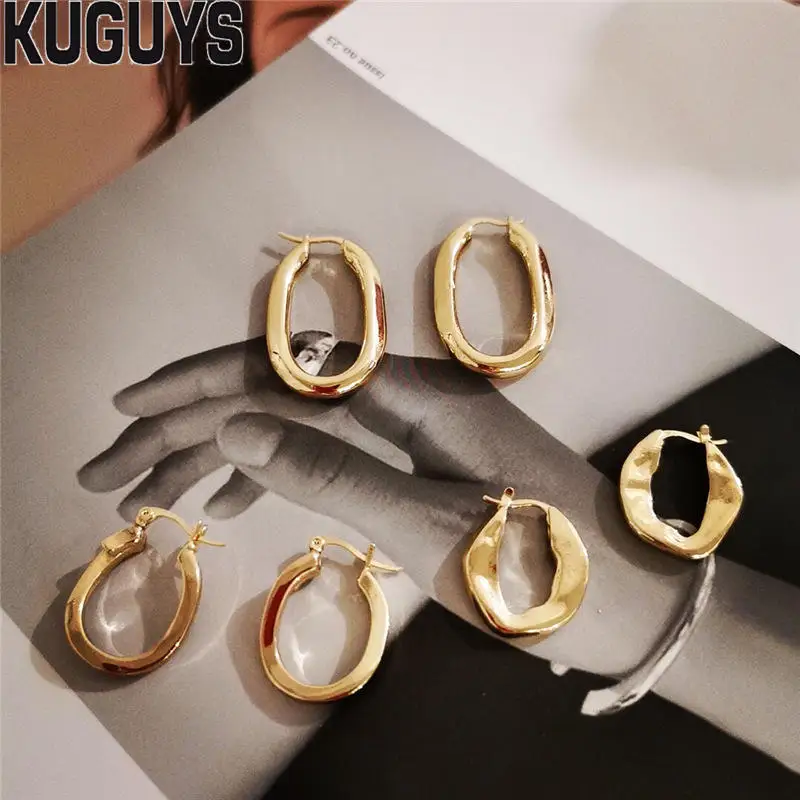 

KUGUYS High Quality Irregular Geometric Hoop Earrings for Women Fashion Jewelry Gold Vogue Ellipse Earring Trendy Accessories