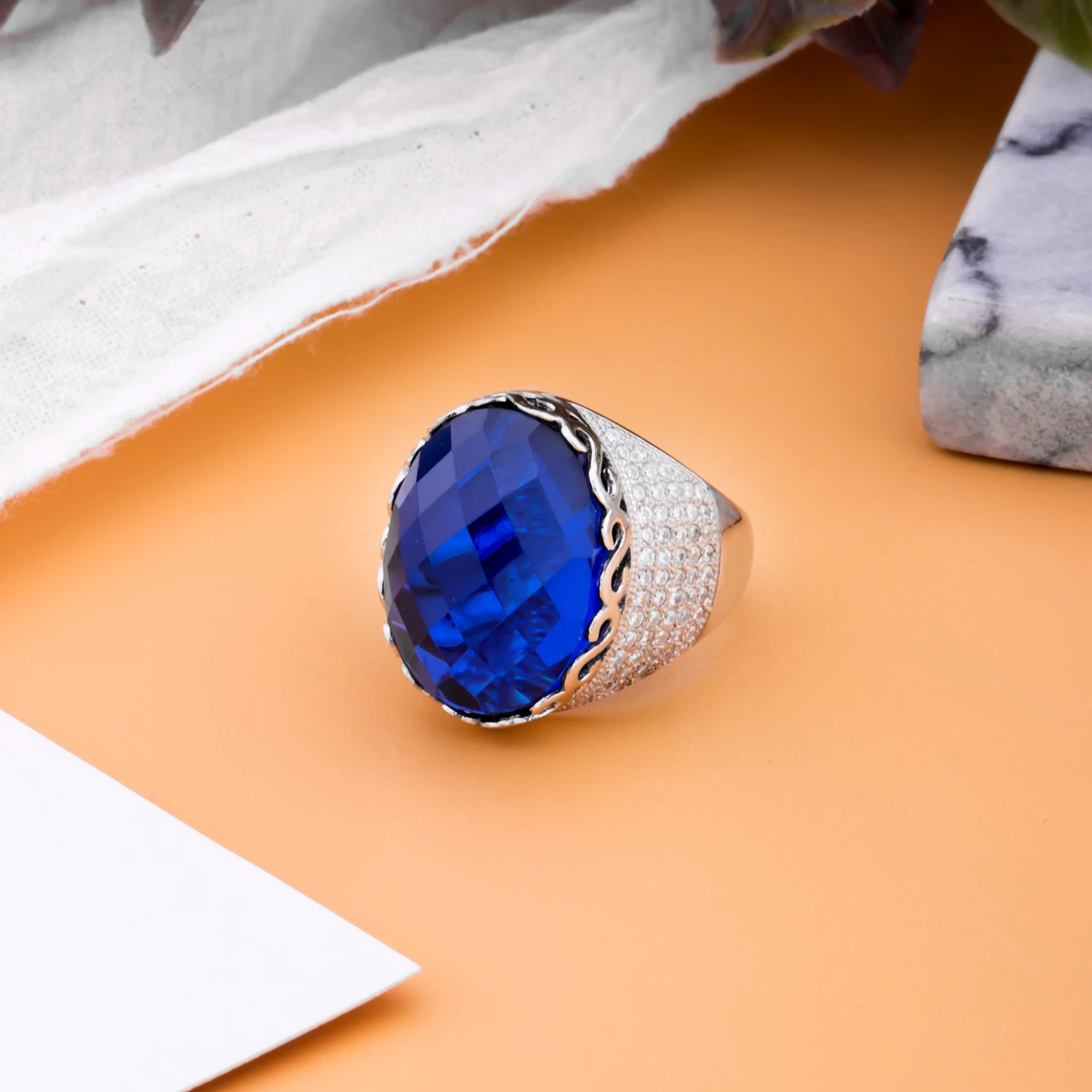 MetJakt Vintage Sapphire Ring for Women Handmade Checkerboard Cutting Sapphire Solid 925 Sterling Silver Jewelry