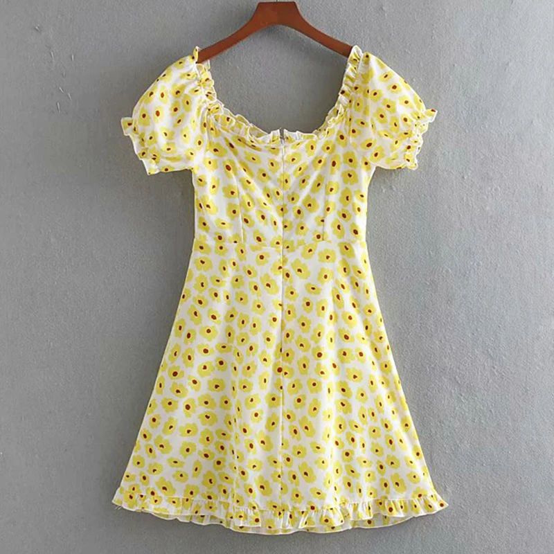 Women's Clothing Dress 2019 Polyester Small Floral Print Puff Sleeve Dress Ms Summer Street Sexy Slim Fit Temperament Clothing