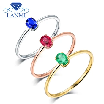 

Oval Real 18K White Gold Green Emerald, Blue Sapphire, Red Ruby Engagement Ring Wife Fine Jewelry Birthday Mom Christmas Gift