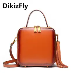 Dikizfly Мода лоскут Разделение кожа Сумки женские сумки одноцветное Винтаж Crossbody сумки молния Марка кисточкой сумка