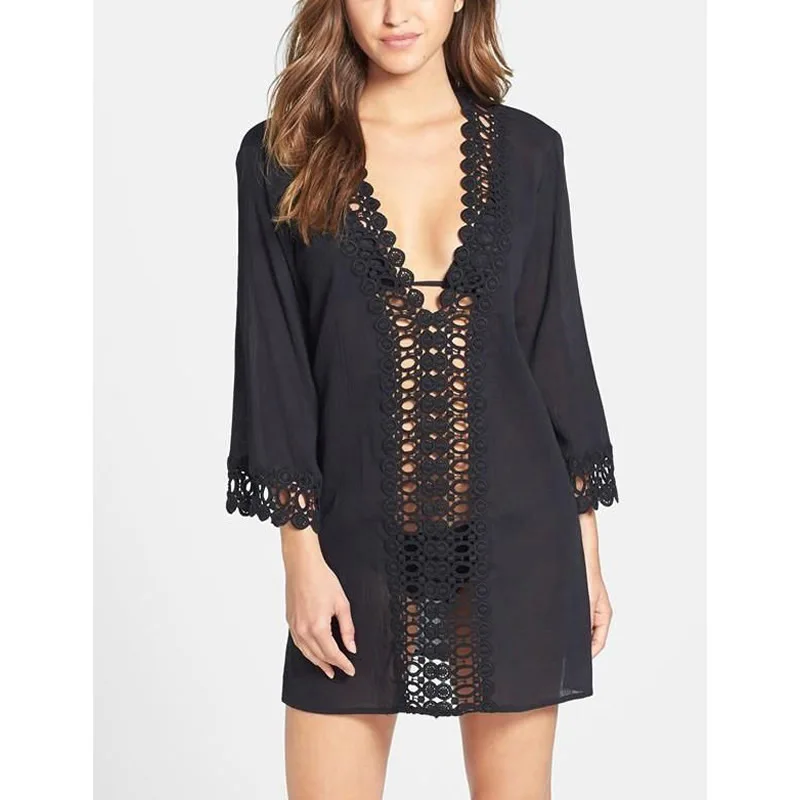 solid sexy bikini cover up Embroidery Hollow Beach wear dress Sexy black kaftan beach dress deep v sarong tunic beach wrap