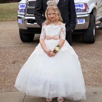 

Vintage Tulle Princess Dress Half Sleeves Boat Neck Sequins Ribbons Custom Made Flower Girl Dress For Wedding Kids Pageant Gowns