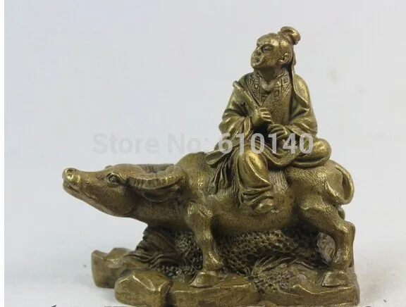 

70mm Chinese Myth Brass God Of 8 Eight Immortals Han Xiangzi Ride Bull Statue