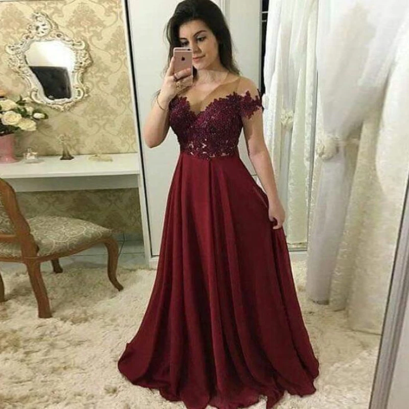 

Charming Burgundy Evening Party Dresses Fashion A-Line Off The Shoulder Lace Appliques Saudi Arabic Long Formal Prom Gown