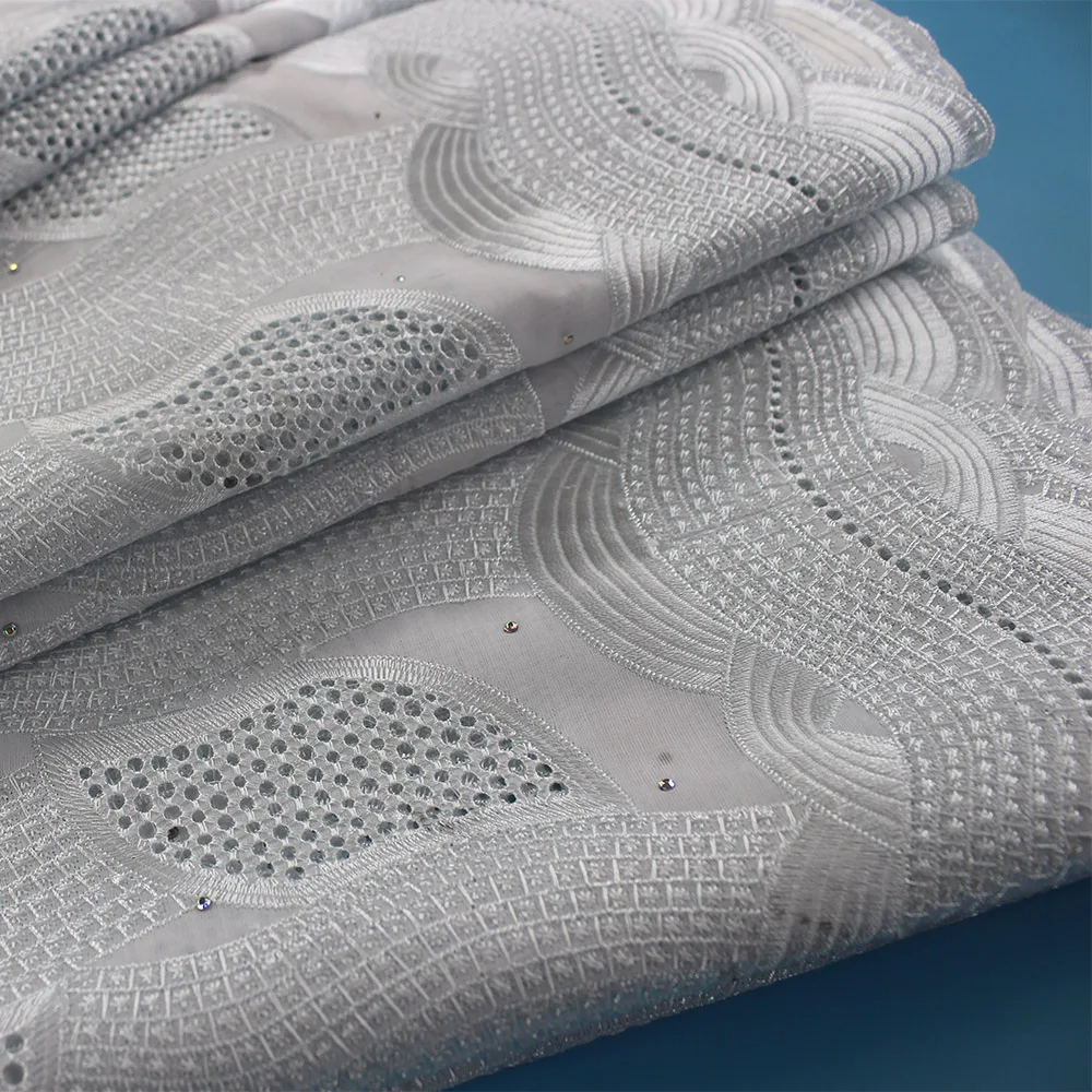 

White Lace Fabric High Quality African Swiss Voile Lace Hollow Out Design Cotton Material With Stones African Guipure Lace
