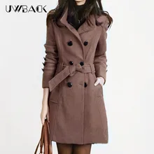Uwback Новое весеннее шерстяное пальто Тренч женское тонкое двубортное черное зимнее пальто Длинная Верхняя одежда для женщин QB323