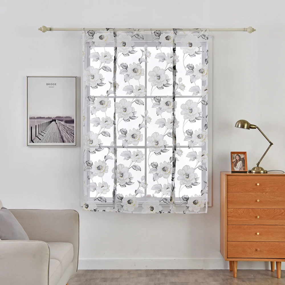 Floral Roman Sheer Curtains Short Kitchen Valance Vurtain Tulle Fabrics Sheer Panel Modern Curtain Flower Window (2)