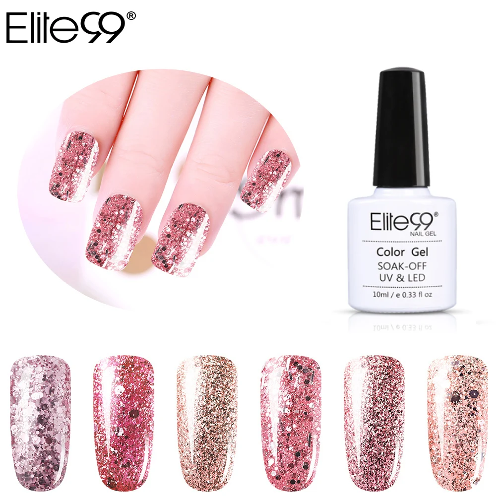 Elite99 10ml UV Gel Nail Polish Rose Gold Glitter Nail Gel Polish Sequins Nude Color Gel Varnish Soak Off Nail Art Lacquer Nails