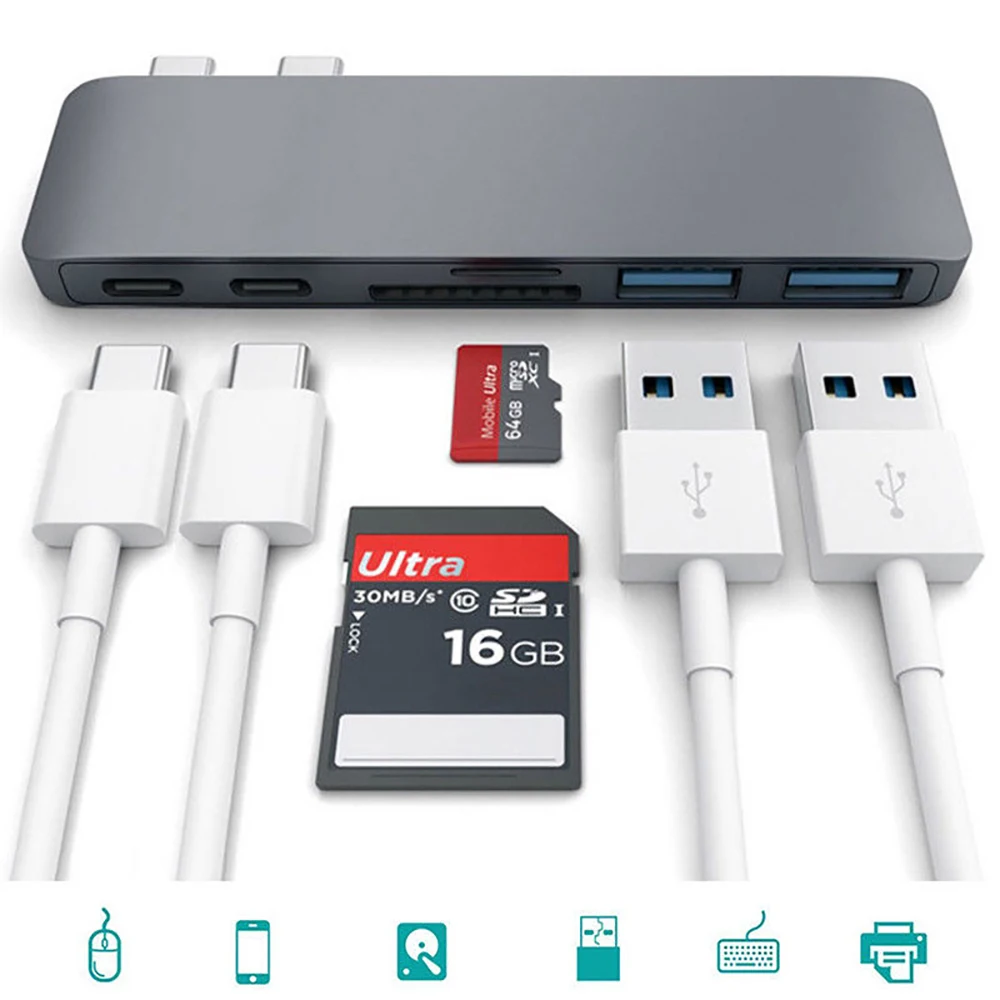 

Dual Type C HUB HDMI Adapter 6 in 1 For Macbook Pro Mac Chromebook Charging Card Reader USB C Hub 3.0 Type-C With 4K Converter