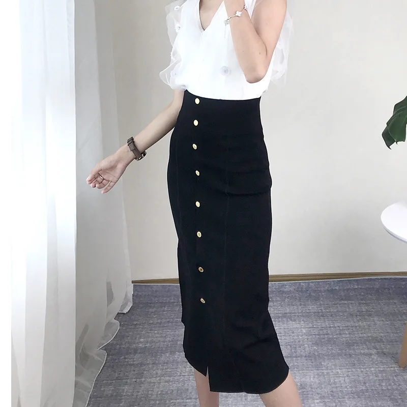 

Black Knitted Skirt Women Hem Split Bottom High Waist Elegant Button Runway Luxury Offcie Lady Faldas Saia Jupe