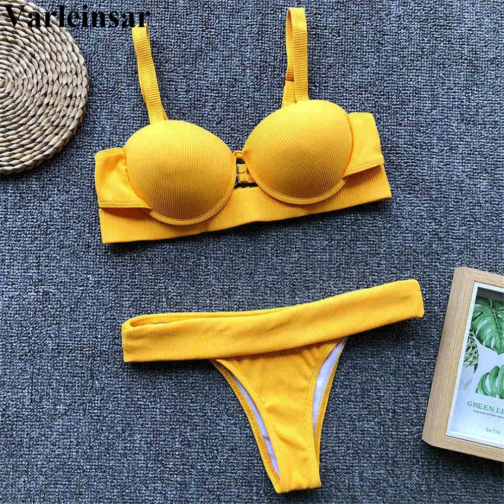 

2019 Ribbed Bikini Push Up Swimsuit Female Swimwear Women Two-pieces Bikini set With Bra Cup Bather Bathing Suit Swim Lady V1091