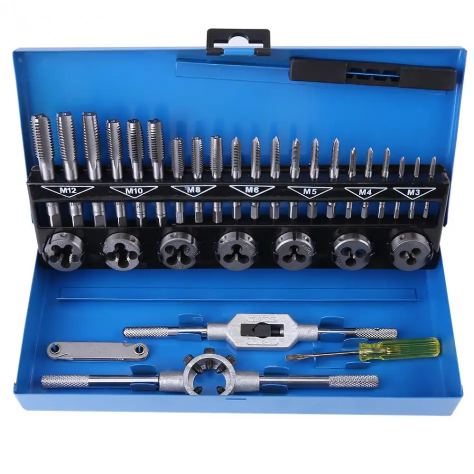 

32pcs/Set M3-M12 Metrological Tap Wrench Tip and Die Set Screw Thread Metrological Plugs Taps Nut Bolt Alloy Metal with Box