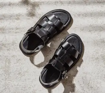 

Summer Men's Flats Sandals Cross-tied Handmade Kintting Genuine Leather Gladiator Buckle Strap Peep Toes Seaside Casual Shoes