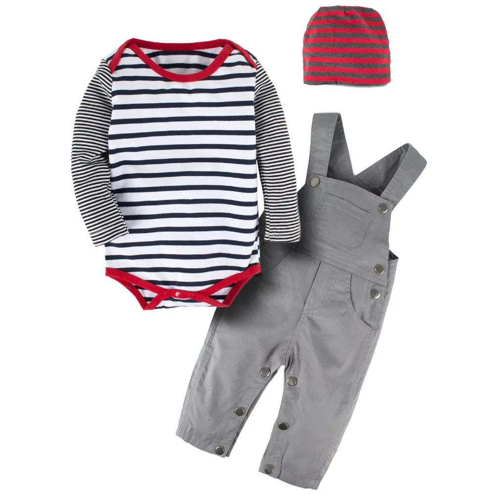 Fashion Infant Toddler Kids Baby Boy Clothes 3Pcs Overalls Set Long