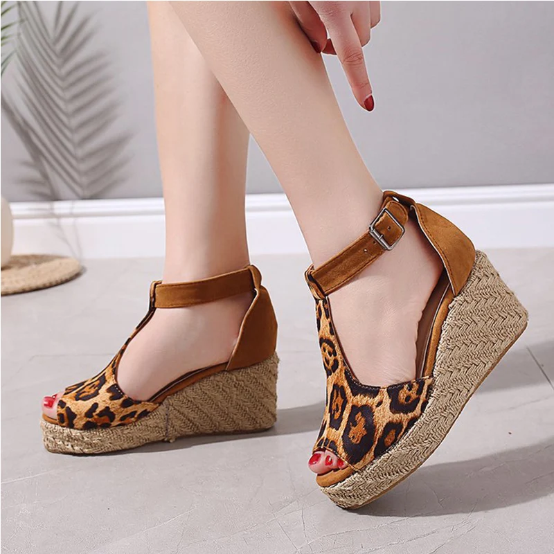 leopard espadrilles flatform wedge buckle open toe sandals