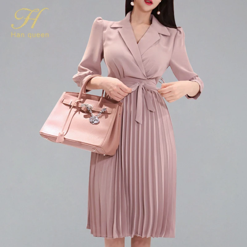 

H Han Queen Women's 2019 New Notched Neck Pleated Dress Draped Lace Up Bow A-line Dresses OL Elegant Work Wear Business Vestidos