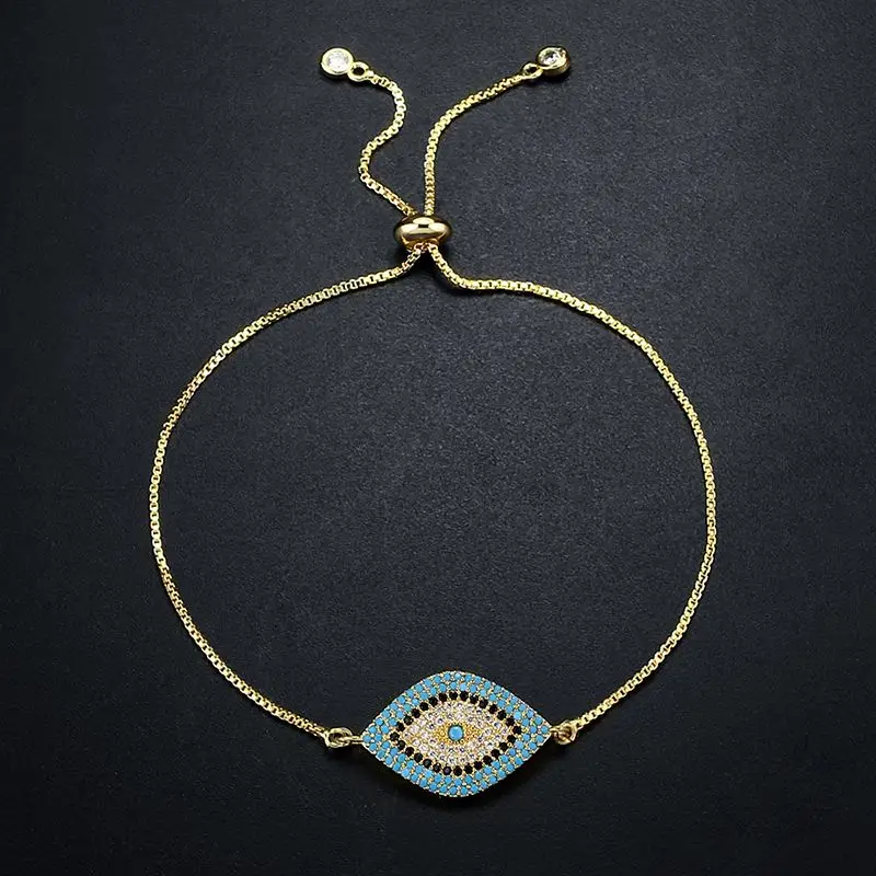 OCESRIO турецкий синий сглаза браслеты для женщин Pave CZ золотая цепочка браслет регулируемые вечерние ювелирные изделия для девушек brt-k53 - Окраска металла: Gold(Link Chain)
