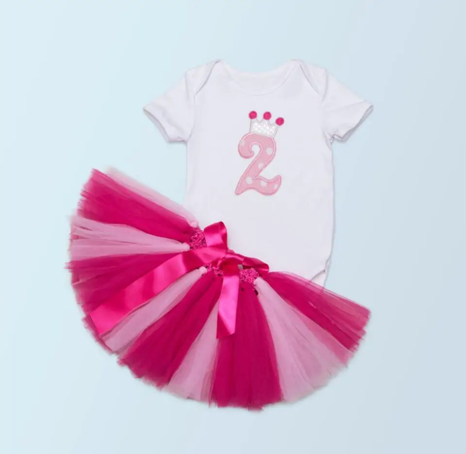 

2PCs per Set Hot Pink Baby Girl Crown Tutu Infant 2nd Birthday Party Outfit Romper Bubble Skirt Baby Girls Second Birthday Dress