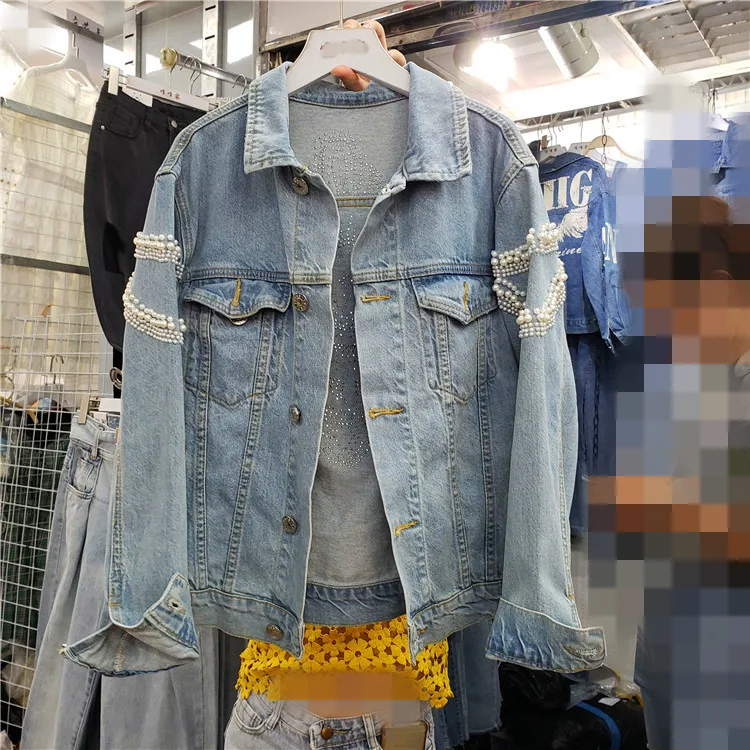 discount Vintage Women Jean Jacket Pearls Beading 2019 Spring Long Sleeve Pockets Denim Jackets Women Loose