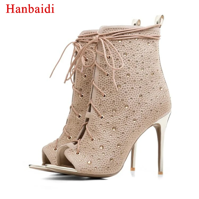

Hanbaidi New Chic Golden Women Bling Bling Crystal Stiletto Heel Ankle Boots Glittering Peep Toe Lace Up Dress Sandal Booties