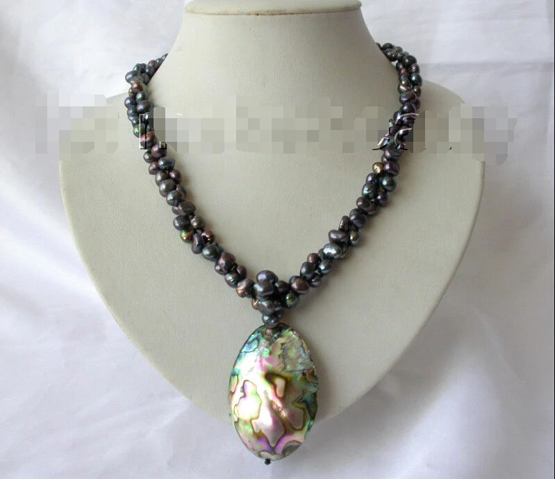 

Free shipping >>>>>classic 20" 2strands 8mm baroque black pearl necklace abalone shell pendant h934