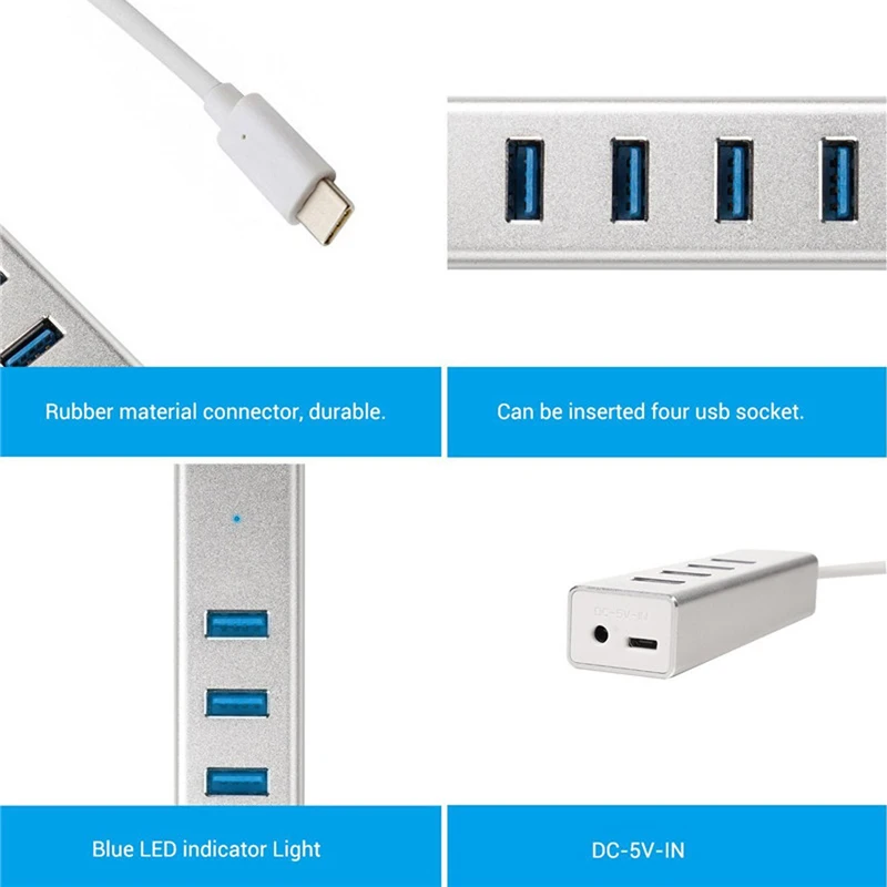 Aluminium USB Hub Type C To 4 USB HUB 3 0 Expander Portable 4 Port USB 3